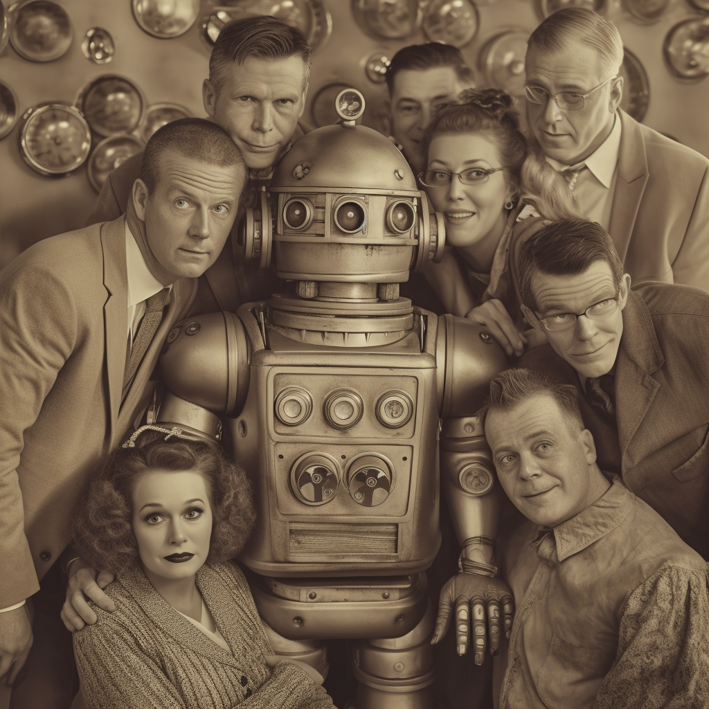 A robot surrounded by humans.